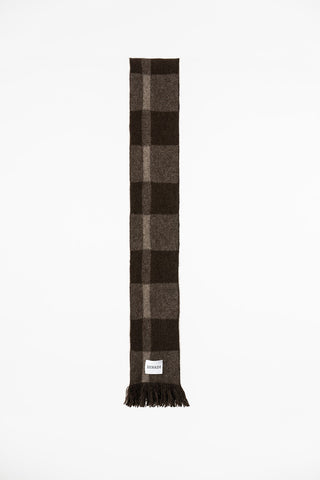Product photo of Dinadi brown plaid yak wool scarf. 