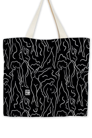Black tote bag with white line art of female figures on a white background.