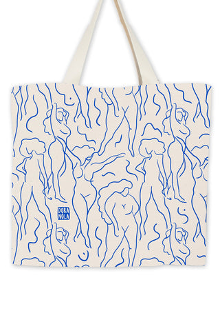 Cream tote bag with blue line art of female figures on a white background.