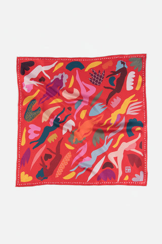 Red silk scarf with multi-coloured abstract shape and women forms. 