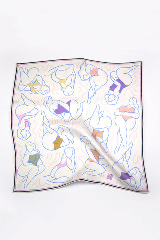 Off-white silk twill scarf with multi-colour print of voluminous women. 