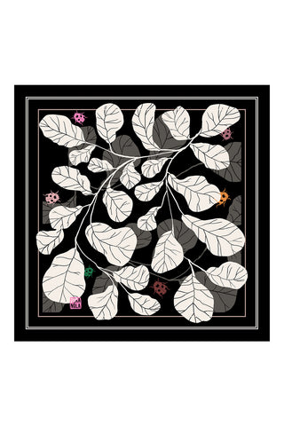 Black silk twill scarf with white leaves and pink ladybug print. 