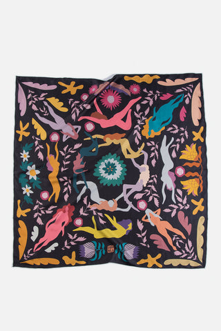 Black silk scarf with multi-colour abstract shape & floating women print. 