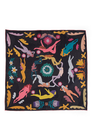 Black silk scarf with multicolour print of floating women and abstract shapes. 