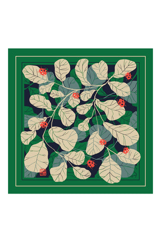 Green silk twill neckerchief with cream leaves and red ladybug print. 