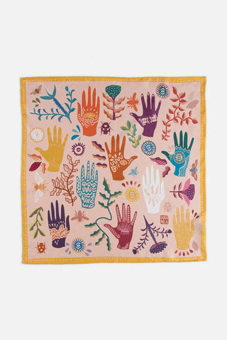 Multicoloured hand print on pink and yellow silk twill scarf. 