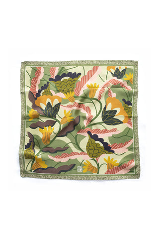 Green silk twill floral print scarf on white background. 