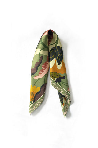 Green silk twill floral print scarf on white background. 