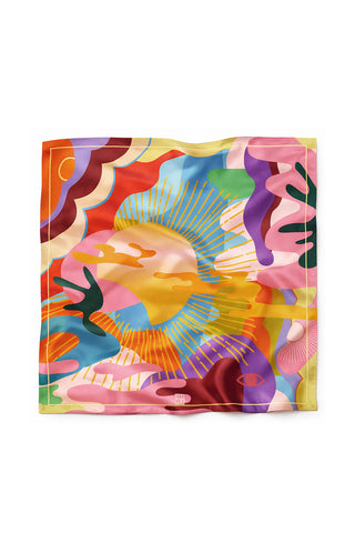 A multi-coloured abstract print silk scarf on white background. 