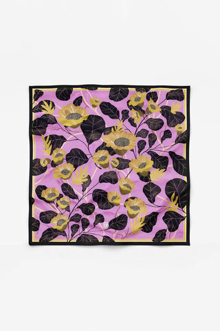 Pink and black floral pattern silk scarf of white background. 