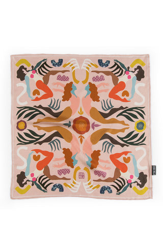 Pink silk scarf with multi-colour abstract and female print. 