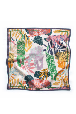 Silk scarf with multi-colour print of tigers and fauna. 
