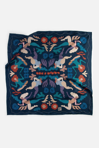 Dark blue silk scarf with multi-colour printed abstract print. 
