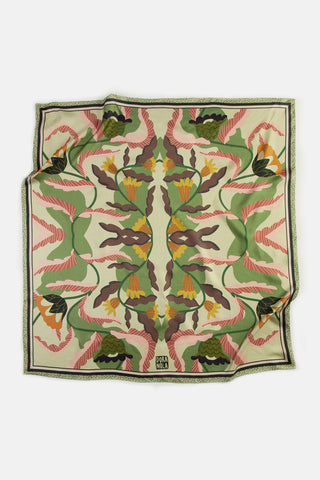 Silk twill scarf with green and rose floral print motif. 