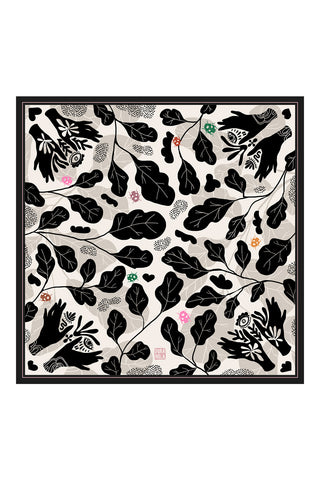 Black and white mystic hand and leaf printed silk scarf. 