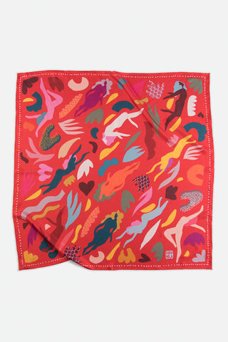 Colourful scarf with floating abstract shapes and female figures. 