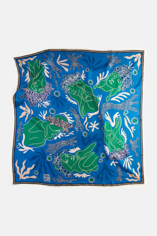 Blue scarf with hand drawn green women with floral crowns. 