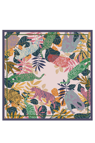 Pink silk scarf with multi-colour tiger print. 
