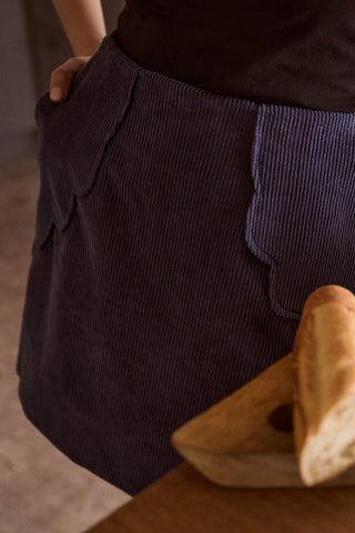 Close-up of blue corduroy Cordelia skirt by DorsaLi. 