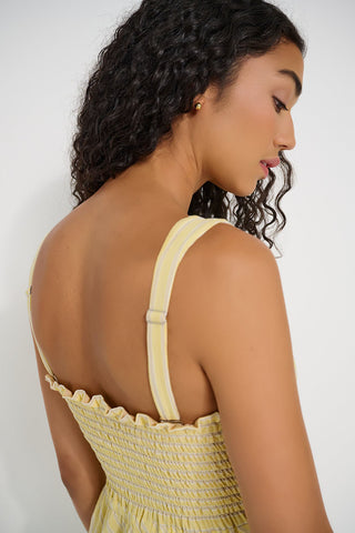 Back view of woman wearing a yellow dress with adjustable shoulder straps. 