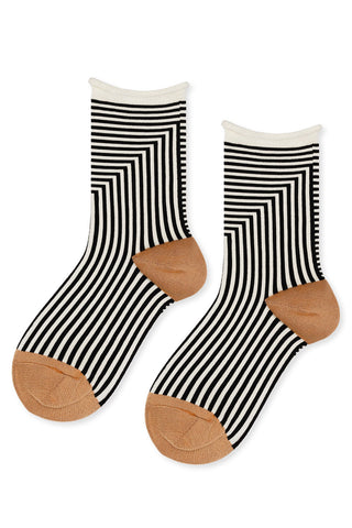 Black and white stripe Corbusier rolled top crew socks. 