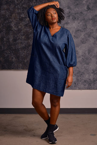 Model wearing v-neck organic cotton / hemp blend denim Alexandra tunic by Jennifer Glasgow. 