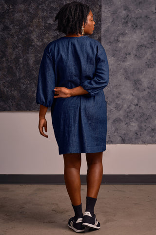 Back view of model wearing v-neck organic cotton / hemp blend denim Alexandra tunic by Jennifer Glasgow. 