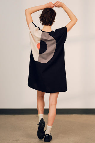 Model wearing black oversized colour blocked Britt tunic by Jennifer Glasgow.  