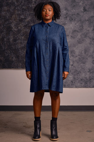 Model wearing organic cotton denim shirt dress by Jennifer Glasgow. 