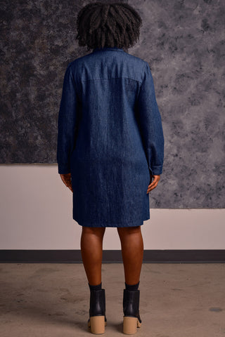 Back view of model wearing organic cotton denim shirt dress by Jennifer Glasgow. 