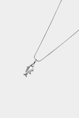 A sterling silver chain with Lucky Fish pendant, shown on white background. 