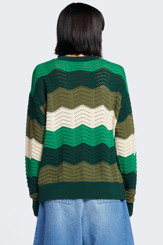 Back view of woman Green Wavy Ripple sweater by Kloke.