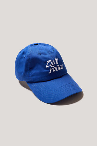 Blue baseball cap with white "Tutti Felice" embroidery. 