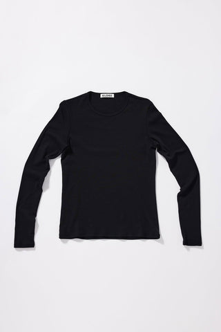 A black long-sleeve crewneck top laid flat against a light gray background.