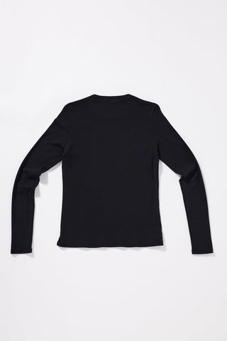 Back view of black long-sleeve shirt on a white background
