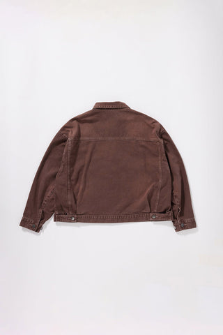 A brown oversized denim jacket shown from the back, laid flat against a clean white background.