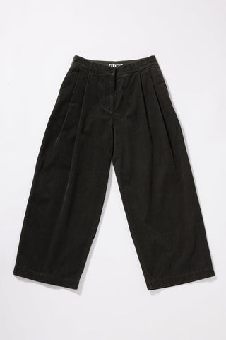 Dark brown / green pleated front wide-balloon shape trousers laid flat on a light gray background.