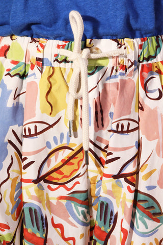 Close-up of colourful Painted Paisley print Mega Drawstring pants by LF Markey. 