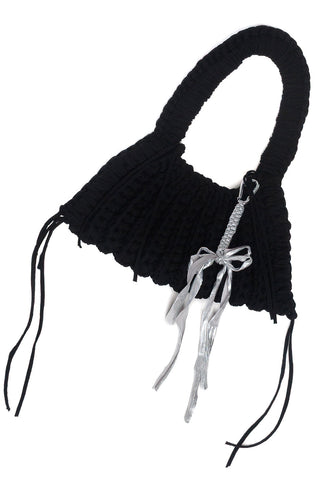 Black crocheted handbag with silver bag charm. 