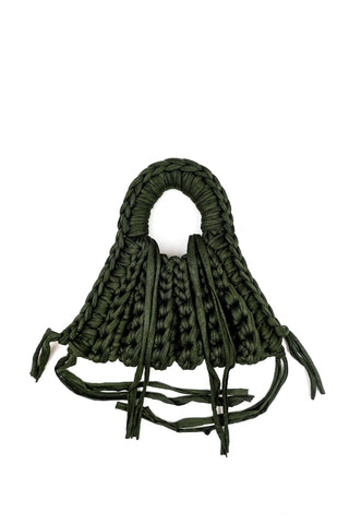 An olive green chunky crochet handbag with a circular top handle displayed, flat against a clean white background.