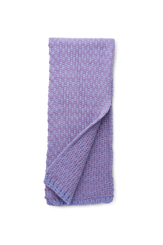 Two tone purple chunky knit lambswool scarf against a white background. 