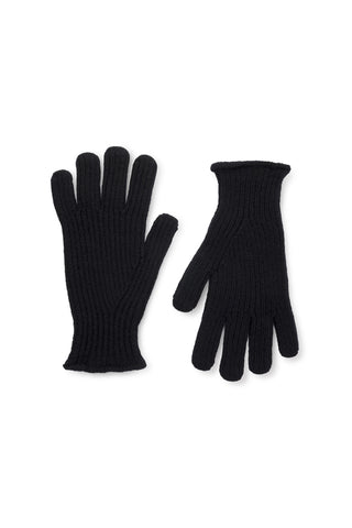 A pair of black rib knit gloves shown on white background. 