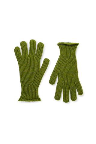 A pair of moss green rib knit gloves shown on white background. 