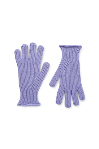 A pair of lilac purple rib knit gloves shown on white background. 