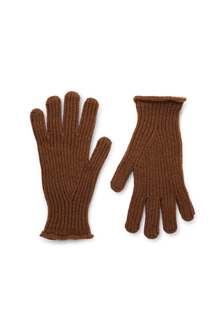 A pair of brown rib knit gloves shown on white background. 