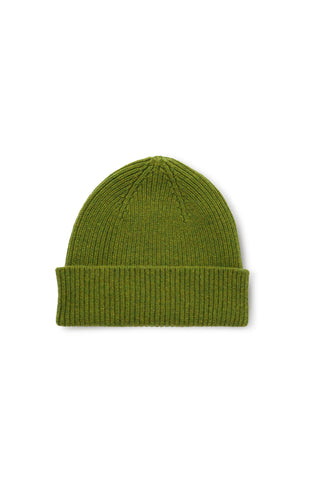 A moss green rib winter toque shown on white background. 