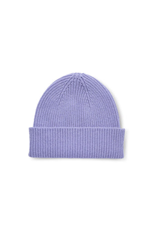 A lilac purple rib winter toque shown on white background. 