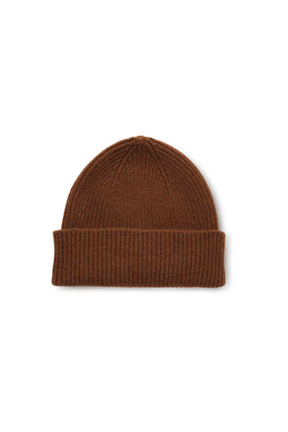 A brown rib winter toque shown on white background. 