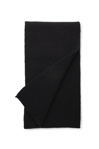 Black rib knit scarf shown on white background. 