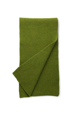 Moss green rib knit scarf shown on white background. 